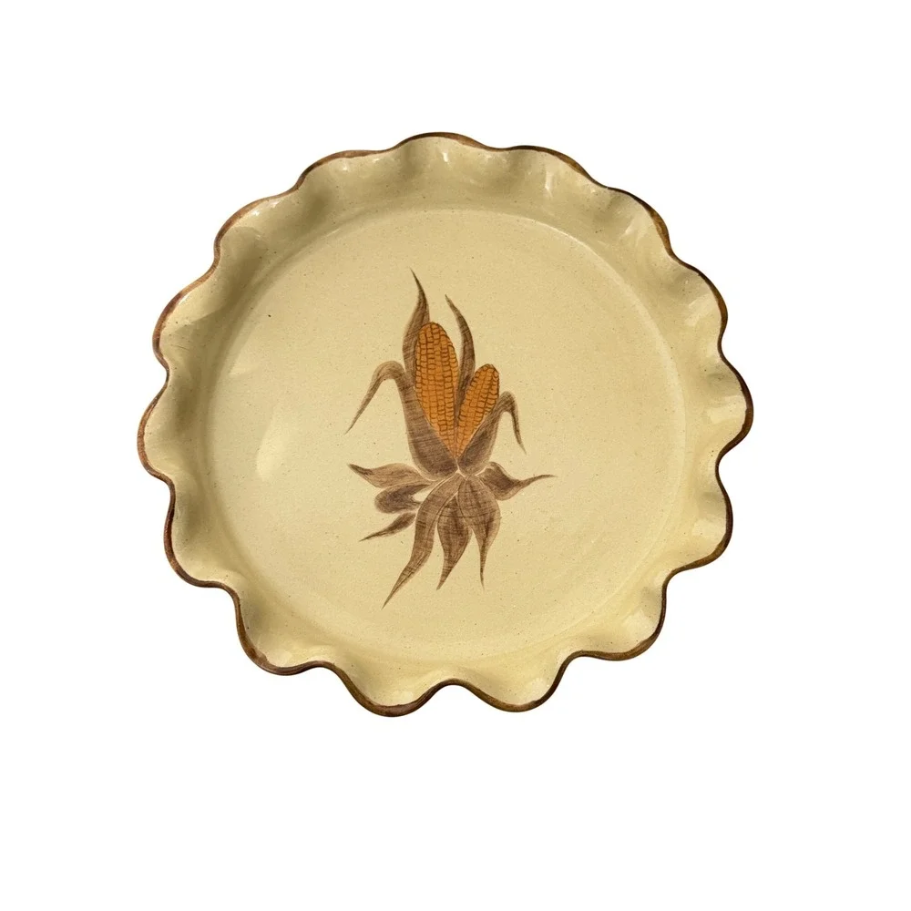 Strawtown Pottery Pie Dish Harger Farms 10.5 Inch Yellow Corn Scalloped Rim 2007